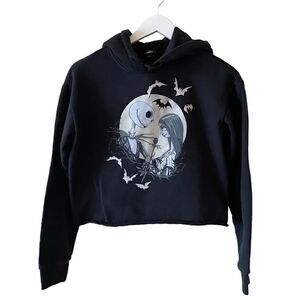 Disney Nightmare Before Christmas  Black  Raw Hem Cropped Jack Sally Hoodie SZ S